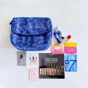 COSMETICS GO BAG BUNDLE: Gunmetal Purple Travel Bag & Makeup Skincare Samples